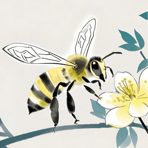Zeichnung einer Biene, die eine gelbe Blüte anfliegt
