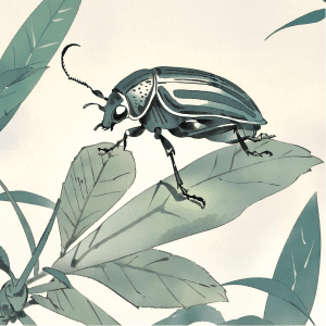 Zeichnung eines Käfers, der auf einem Blatt sitzt